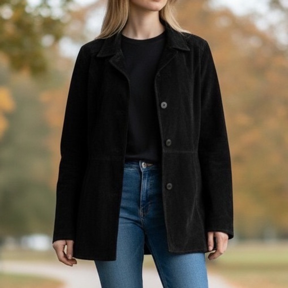 Valerie Stevens Black Suede Leather Jacket Women 1X Button Front Coastal Cowgirl